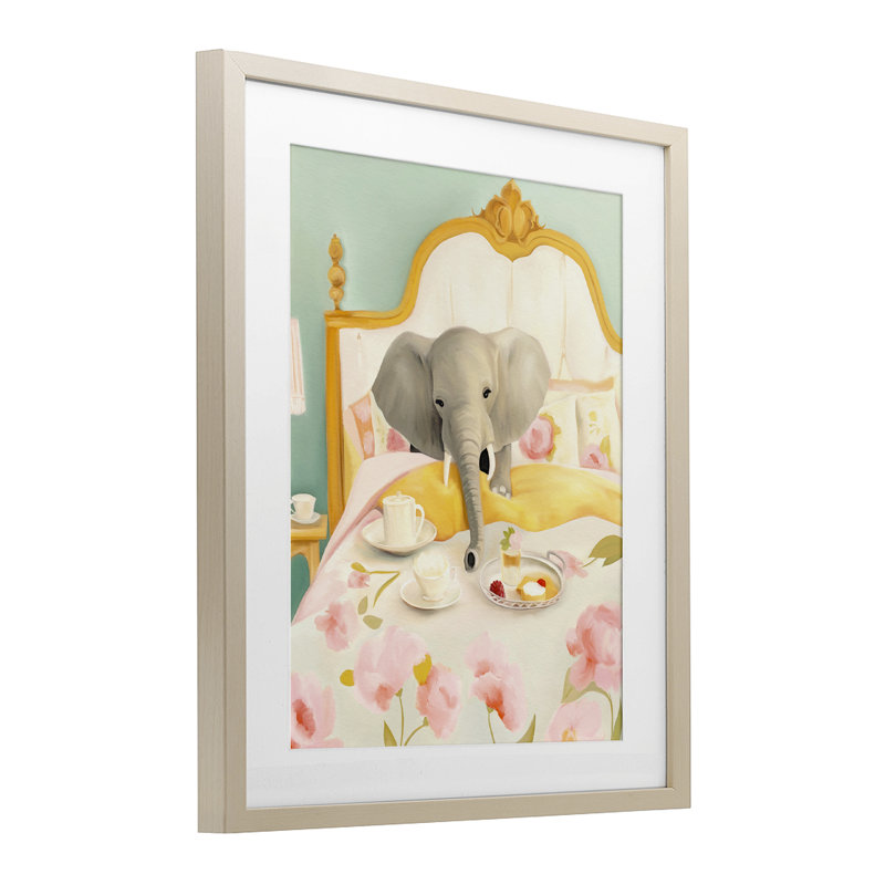 Petit déjeuner au lit éléphant, reproduction encadrée sous verre, design par Leah Straatsma, Cadre de récolte en pin