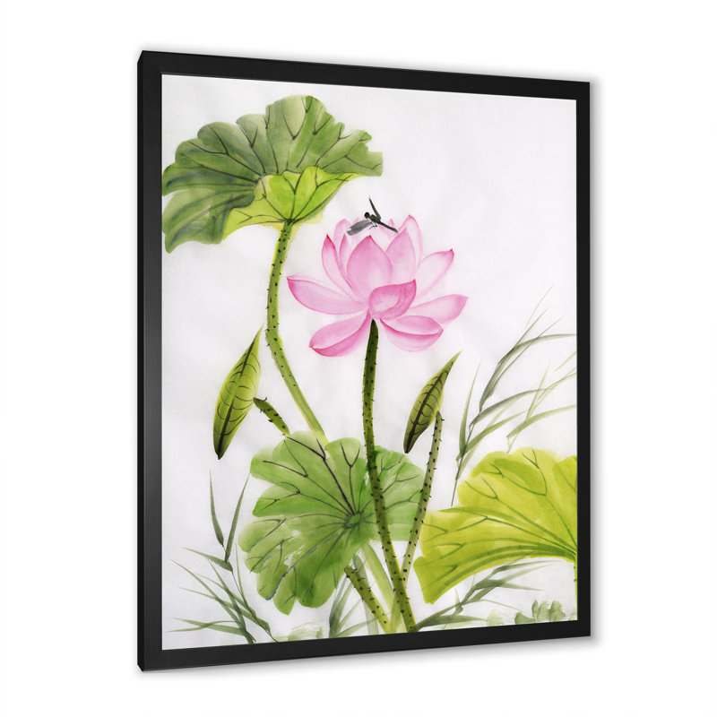 Simple fleur de lotus rétro avec feuilles vertes - reproduction sur toile, H 20 po x l 12 po x P 1,5 po