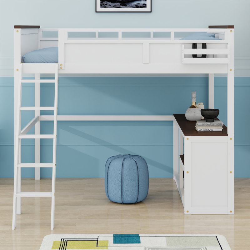 Lit mezzanine avec bureau, tablette ouverte et boîte de rangement, station de charge USB
