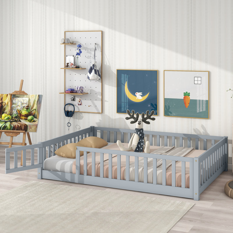 Full Size Floor Bed Grey Rubber Wood Fence Door Design, Gray