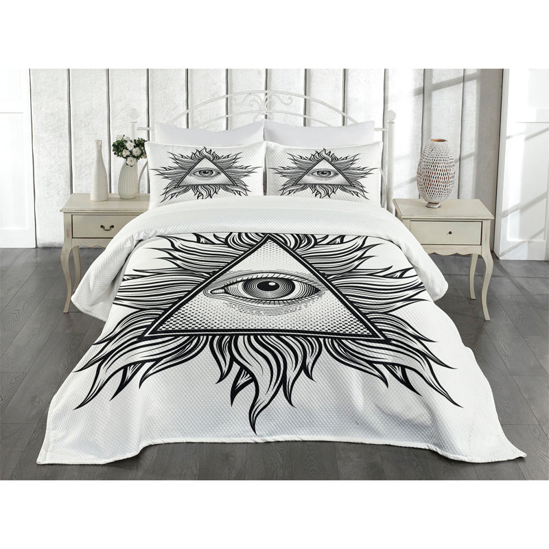Ambesonne Eye Bedspread Set Triangles Tattoo Style Pattern White and Black, King Bedspread + 2 Standard Shams