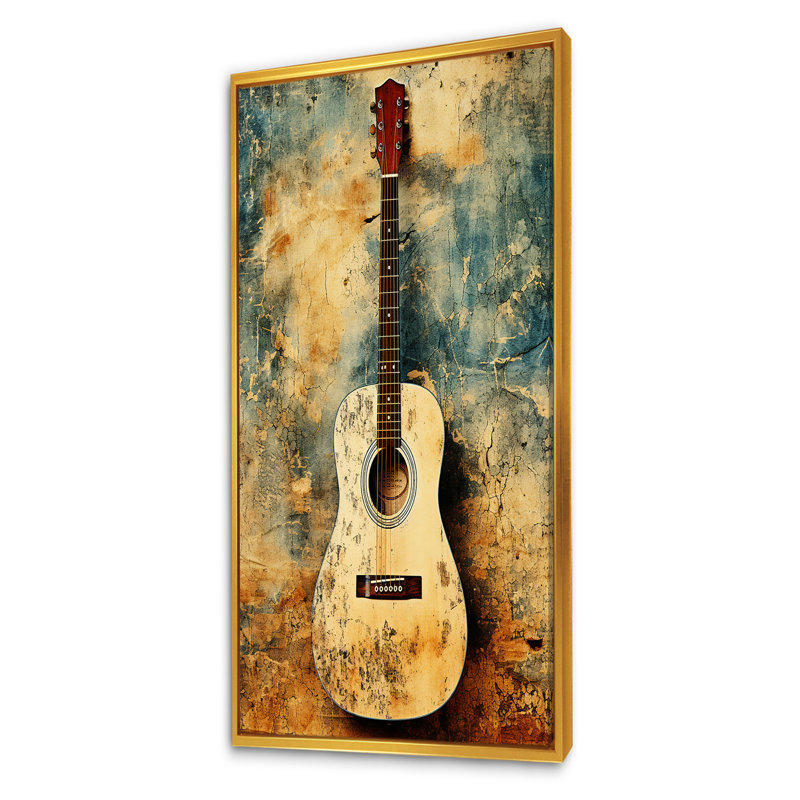 Guitare rétro vintage, musique de campagne, art mural, Cadre flottant doré, H 60 po x l 28 po x P 1,5 po