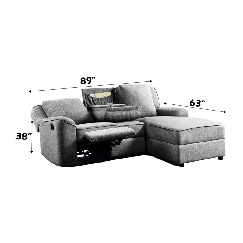 Gracieux mobilier modulaire en lin gris avec disposition pratique d'accessoires de table rabattable