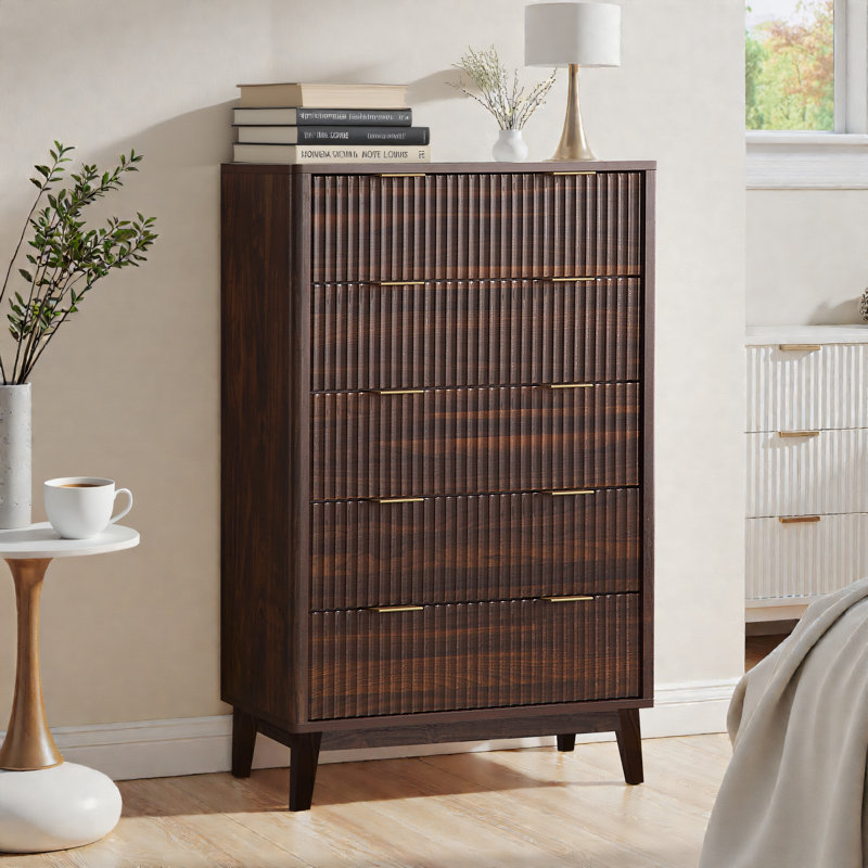 Modern 5 Drawer Dresser - Faux Marble Top & Curved Designsurface, Dark Walnut