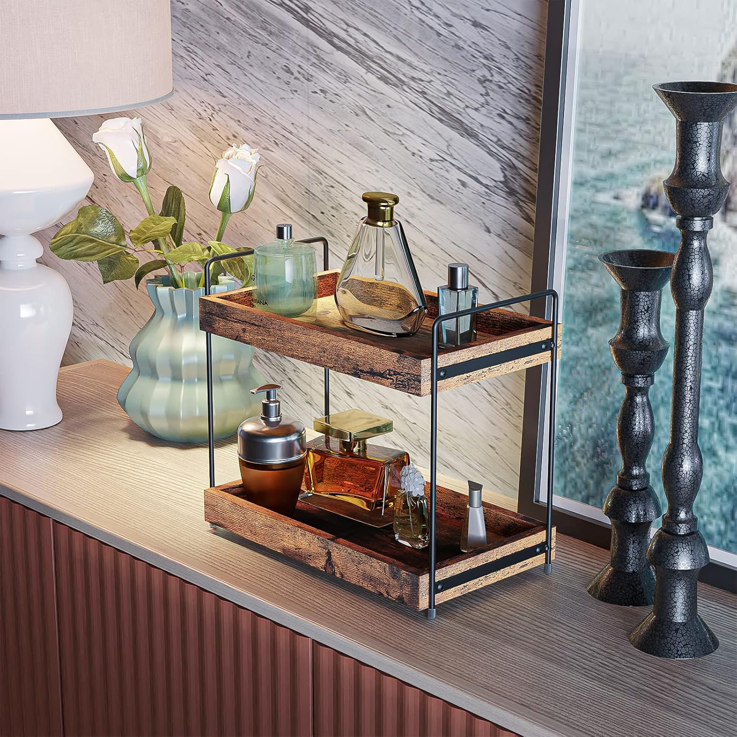 17 Stories 2-Tier Bathroom Counter Organizer, Wood Kitchen Countertop ...