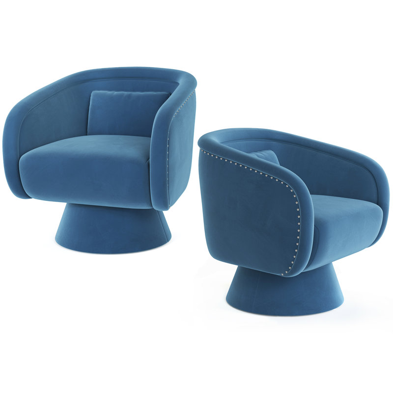 Nailhead Swivel Barrel Chair,Set of 2, Blue Polyester