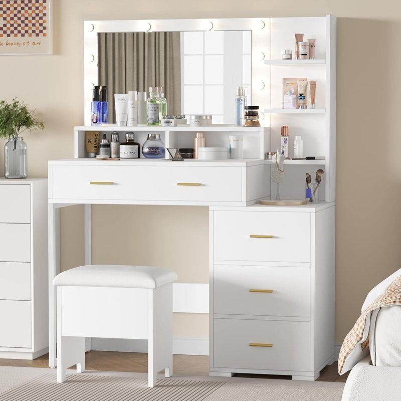 Meuble-lavabo blanc avec miroir et lumières DEL, coiffeuse