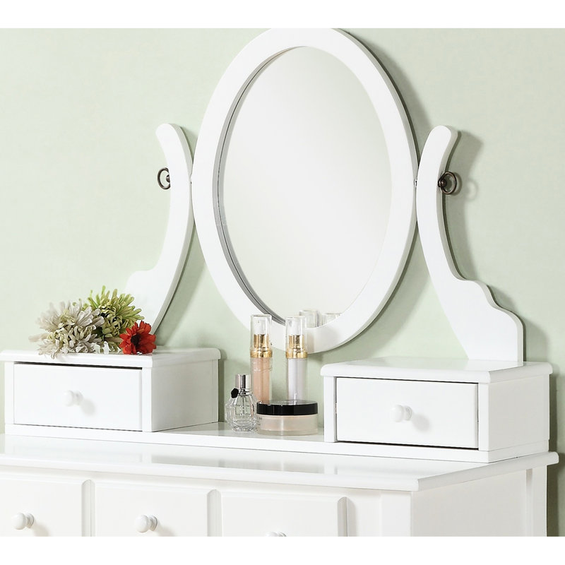 Table de coiffeuse blanche et tabouret By Wood - Miroir réglable et 5 tiroirs pour produits cosmétiques