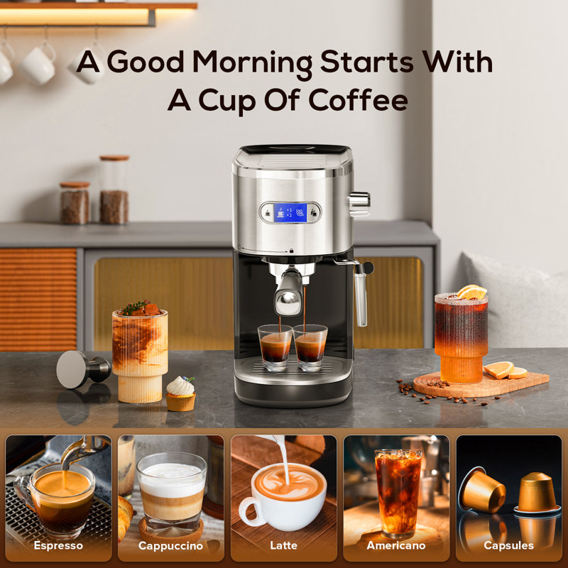 1&2 Cups Semi-automatic Espresso Machine with 20bar High-pressure Extraction & Steam Milk Foam, 1.2 L Water Tank And Pcb Electronic Temperature Control