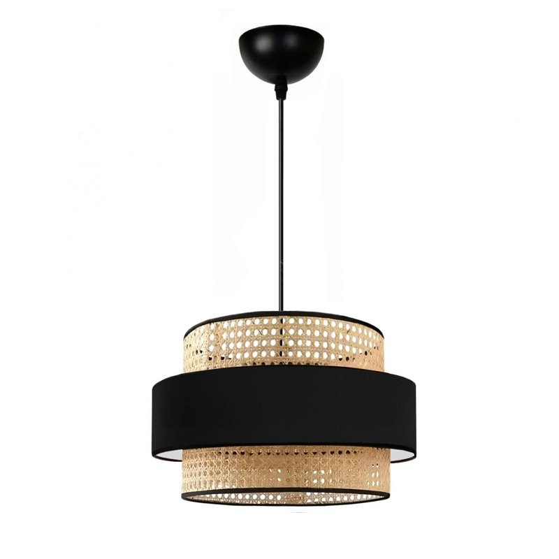 Stylish Rattan Cap Chandelier, Black & Beige, 28.3 x 11.8 inches | Adjustable Height 27.6 to 31.5 inches | E27 Socket, Max 40W | Elegant Lighting Fixture for Dining Room, Living Room, or Entryway Decor