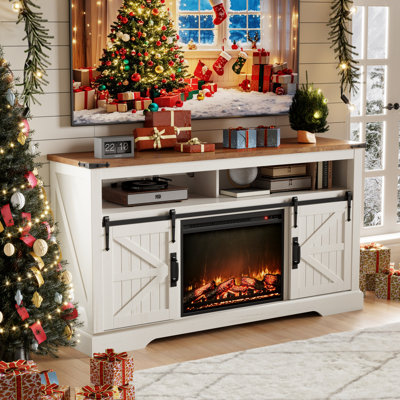 Farmhouse Fireplace Tv Stand For Tvs Up To 70'', Wood Entertainment Center With Electric Fireplace & Timer