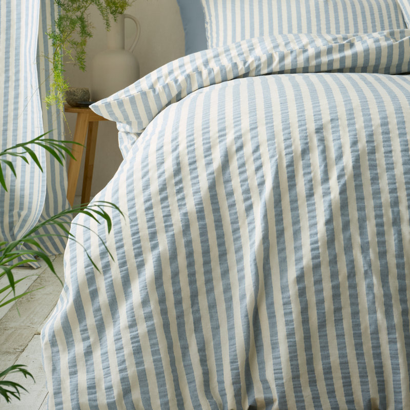Cotton Rich Woven Stripe Cotton Blend Striped Duvet Cover Set, Blue, King