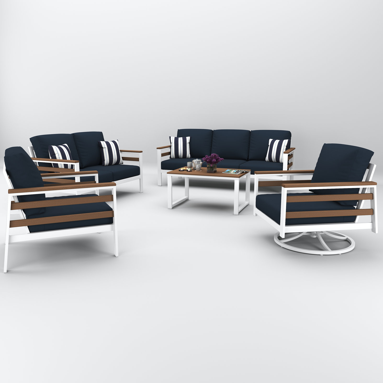 Townsend 7 Person Seating Group With Sunbrella Cushions, Canvas Navy, Brown