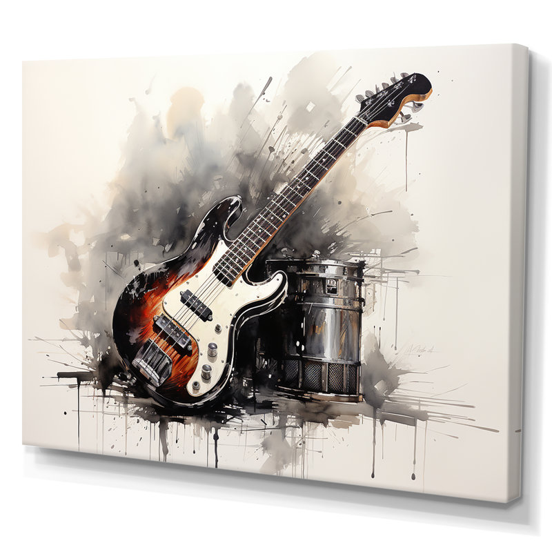 «Brown Charcoal Guitare Vibations III», art mural musique, Toile tendue, H 30 po x l 40 po x P 1,5 po