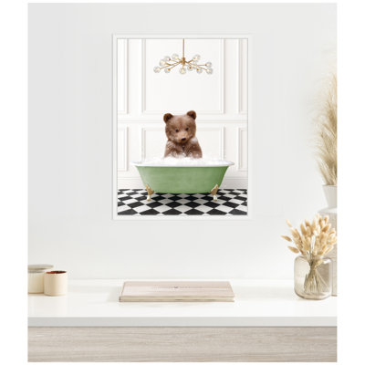 «Bear Cub in Green Bathaign Checker Floor» par Amy Peterson, reproduction d'art sur toile encadrée