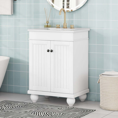 Lavabo de salle de bain moderne élégant en céramique 24 po avec cadre en bois massif, tablette réglable 24 po