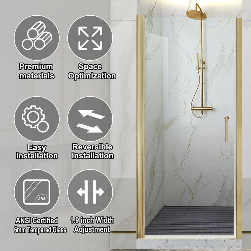 34-35.9 in. W x 72 in. H Pivot Swing Frameless Shower Door with Clear SGCC Tempered Glass, Brushed Gold