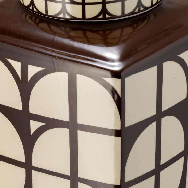 Geometric Ceramic Table Jar with Lid for Home Decor - Decorative Patterned Tall Jar for Shelf Styling, Console Display, and Tabletop Accent