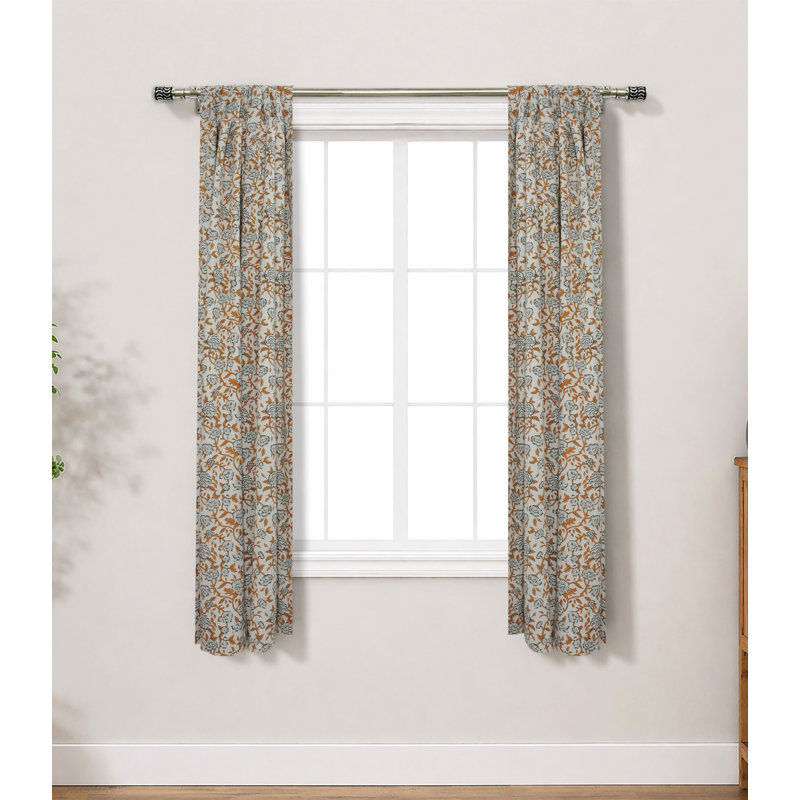 Artisan Block Print Handcrafted Curtain – Mrignayani Floral in Yellow & Green Linen Natural Semi Sheer, 100" W X 54" L