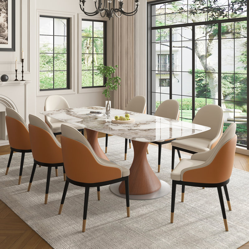 Table de salle à manger rectangulaire de style moderne du milieu du siècle, grande taille (94 po), en pierre frittée brillante, avec double pied central et chaises rembourrées (6/8/10/12 personnes).