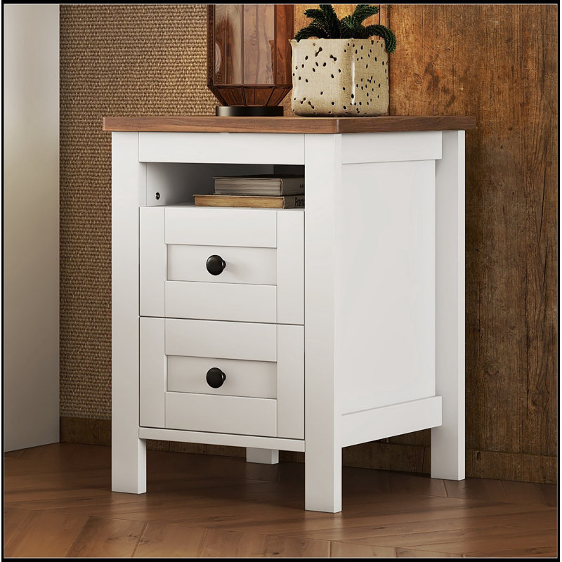 Table de chevet 2 tiroirs en bois de style campagne, Blanc
