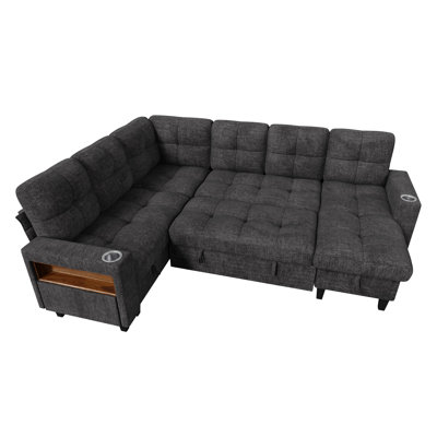107'' Large L-Shaped Modular Chenille Sleeper Sectional Sofa with Chaise, Corner Seat, Storage Arm, and Charging Ports, Dark Gray