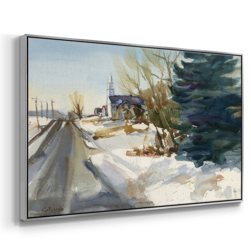 Église paroissiale en hiver, Encadrement argenté, H 25 po x l 37 po x P 1,5 po