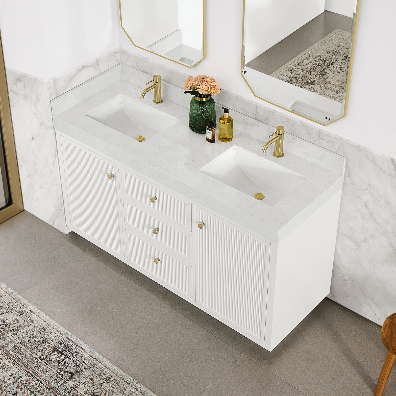 Thea 60" Double Sink Bath Vanity in Fir Wood Brown with White Grain Composite Stone Top, White