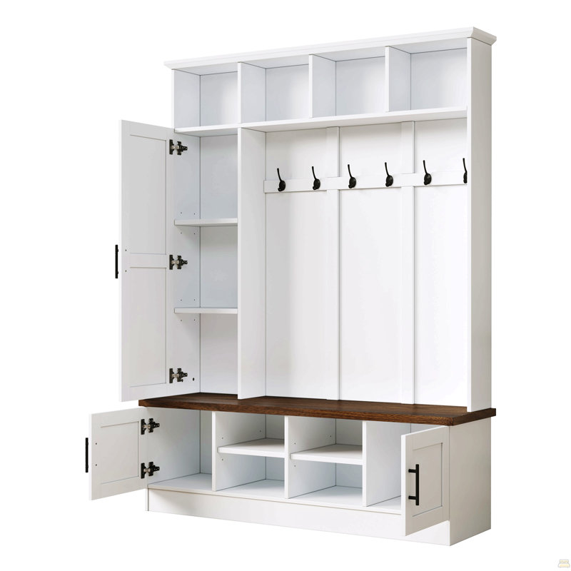 Versatile 3-in-1 Hall Tree with 6 Hooks, Farmhouse Walnut Storage Bench with Adjustable Shelves, 55"W Entryway Coat Rack with Multiple Storage Space