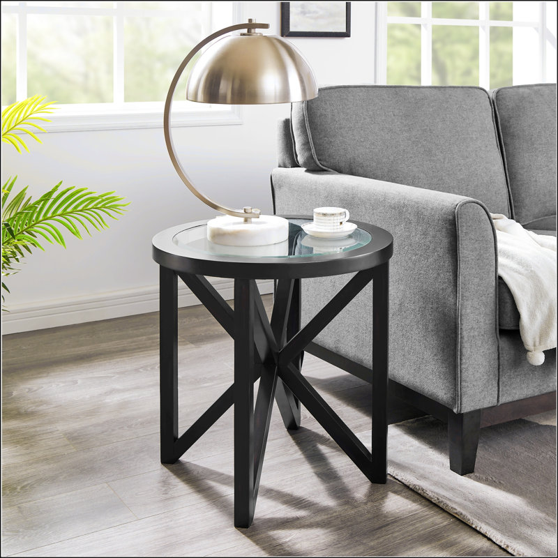 Table basse moderne simple en verre trempé avec base en bois massif, plateau rond transparent pour le salon et le bureau