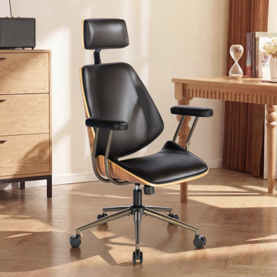 Mid-Century Modern Faux Leather Ergonomic Office Chair with Headrest & Bent Wood Seat Backrest 