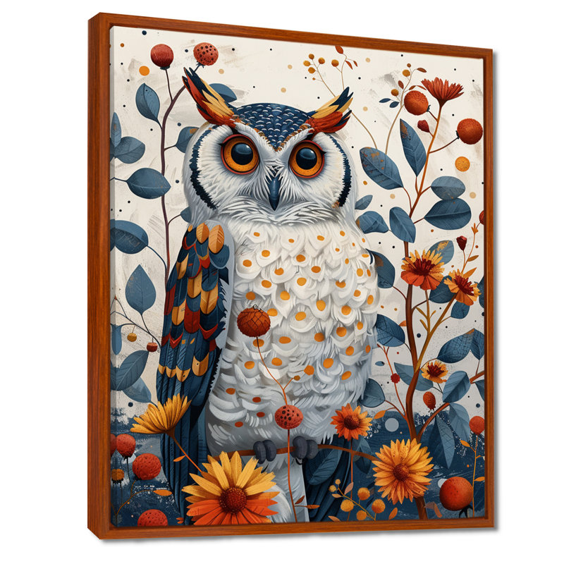 Nobel, hibou en fleurs, fleurs orange, Toile avec cadre flottant brun, H 32 po x l 24 po x P 1 po