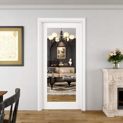 Interior 1‑Lite Clear Glass Door, CARB P2 MDF & SGCC Tempered Glass Pocket Door, with Strengthen Solid Frame & Hardware Kit, Sliding Bedroom Door, Pre‑Finished & Waterproof, for Pantry, Bedroom, Bathroom & Closet, Easy DIY Stain, 36"x 80"