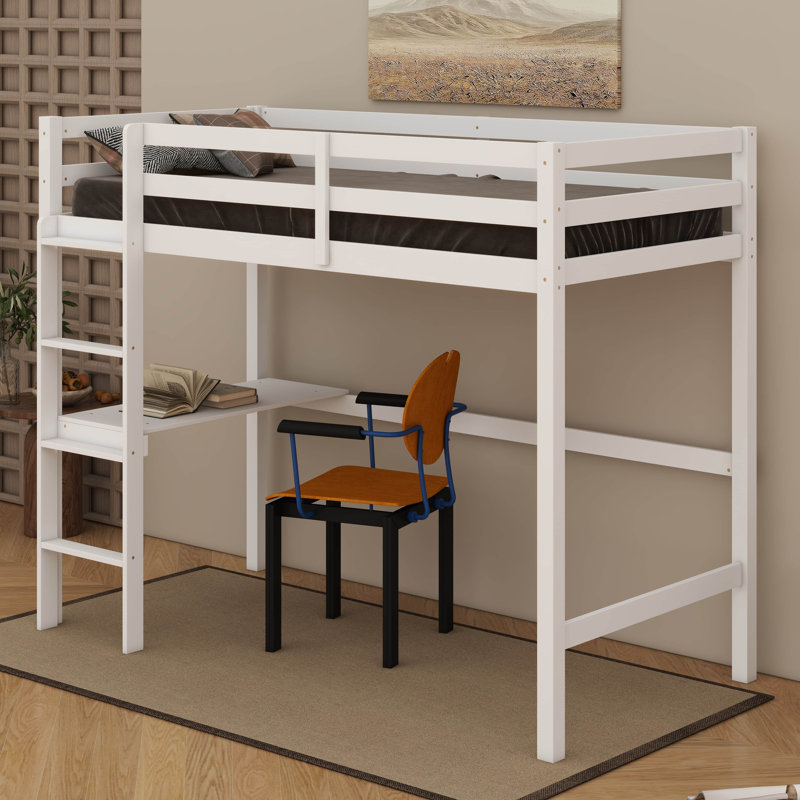Twin Size High Loft Bed – Rubber Wood Frame, Safety Guardrail, Built-In Desk & Ladder, White