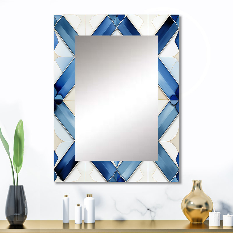 Carreaux bleus et blancs - grand miroir géométrique, décor de miroir mural moderne unique, impression d'art en métal
