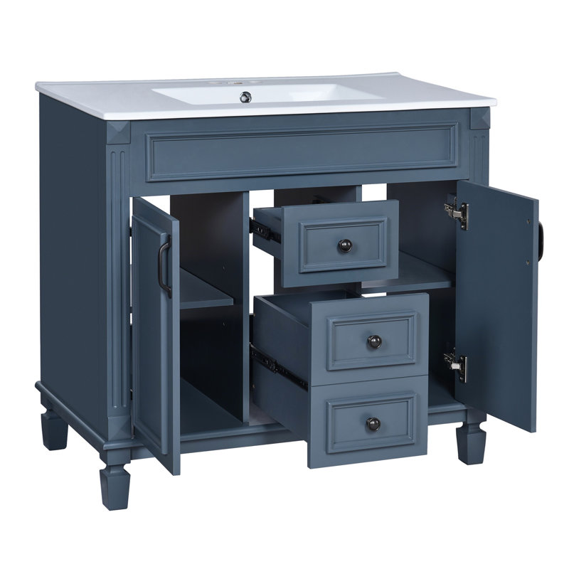 Meuble-lavabo de salle de bain avec lavabo simple, armoire de rangement moderne avec 2 portes à fermeture douce et 2 tiroirs