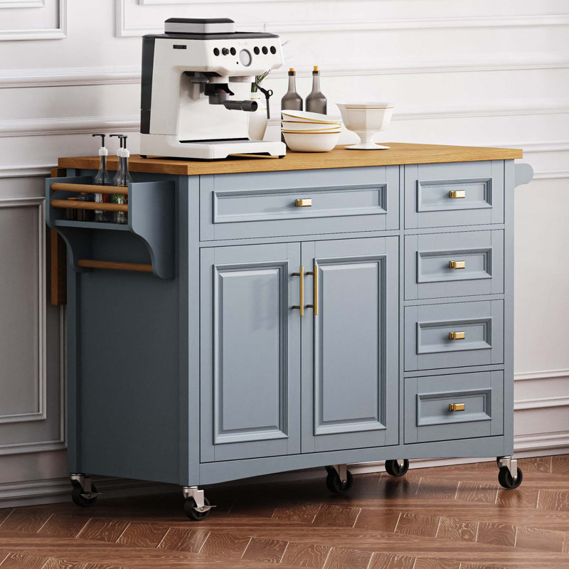 Îlot de cuisine 52 po avec abattant, support à épices, porte-serviettes, 2 portes, 5 tiroirs et tablette réglable, Bleu gris