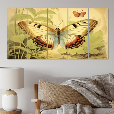 Illustration rétro de l'élégant papillon II - salon d'art mural papillon animaux - 5 panneaux égaux