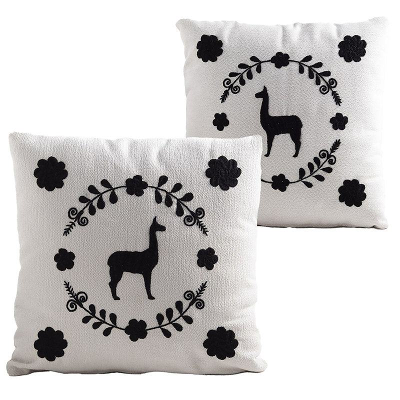 Llama Hand Embroidered Decorative Throw Pillows by Andean, In Stock, White/Black