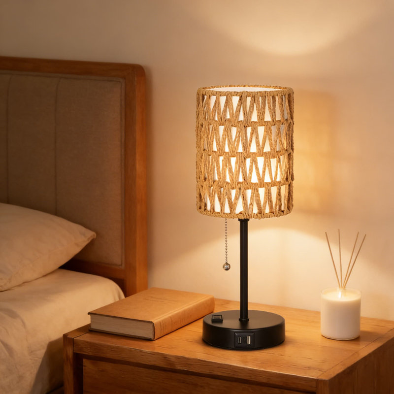 Ensemble de 2 lampes de table en rotin avec ports USB-C / USB-A / AC et 3 ampoules à DEL à intensité variable, lampe de table de chevet à chaînette pour chambre à coucher, salon ou bureau