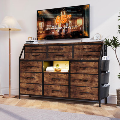 Meuble télé avec 14 tiroirs en tissu, structure en métal et plateau en bois pour le salon, organisateur de rangement de chambre à coucher