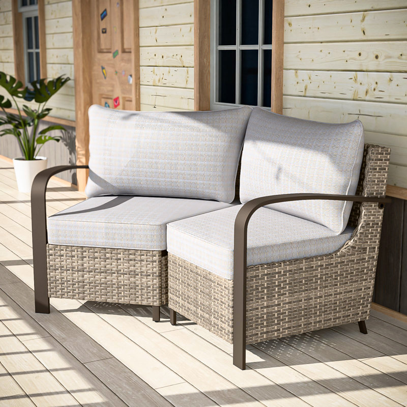 2-Piece Patio Wicker Sectional Seating Group Sofa, Metal Curved Armrest, Beige
