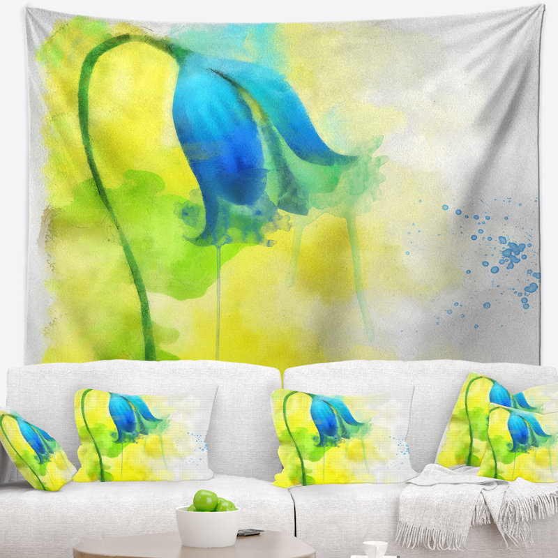 Tapisserie fleur bleue avec éclaboussures jaunes, H 50 po x l 60 po