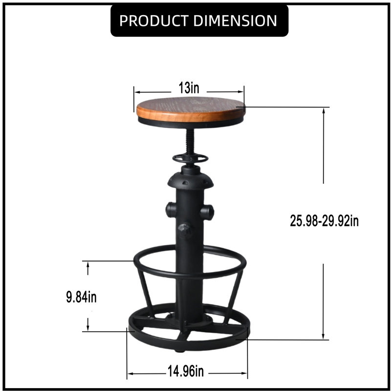 American Antique Steampunk Decor Vintage Industrial Bar Stool Retro Stylish Fire Hydrant Design Adjustable Swivel Cafe Coffee Pub Kitchen Counter Stools Round Bottom ( Wooden Top)