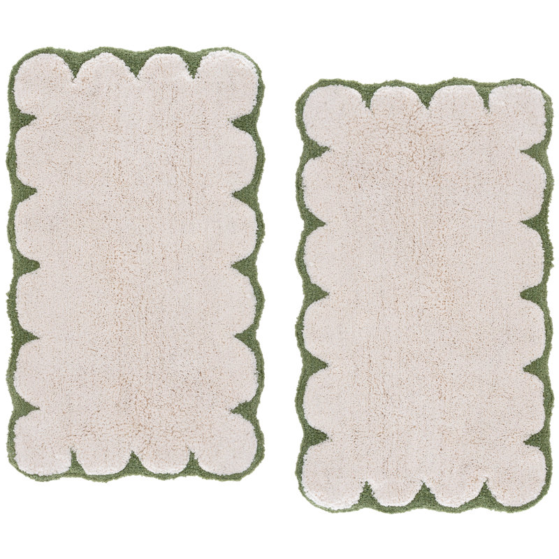 Tapis de bain lavé à la machine 100% coton touffeté à la main Tully, Vert/blanc