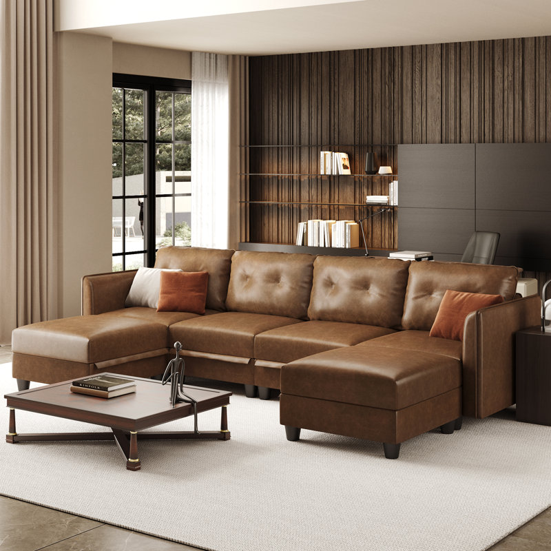 Modular Sectional Sofa With Storage, Modern Brown Faux Leather, Reversible Chaise, U Shaped Couch For Living Room, Waterproof & Easy Clean, Seats With 2 Ottomans