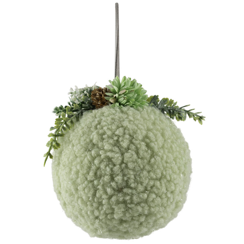 Ornement boule de Noël en peluche avec feuillage d'hiver - 4 po - Vert