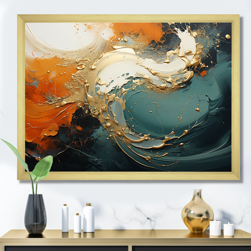 Tempête de marbre bleu et doré VI - art mural abstrait, Cadre d'angle fermé doré, H 16 po x l 32 po x P 1 po