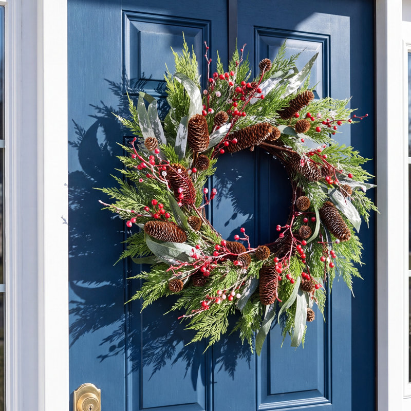 22" Artificial Farmhouse Blossoms Cluster Greenery Leaves Christmas Frozen Berry Pinecone Winter Wreath For Front Door