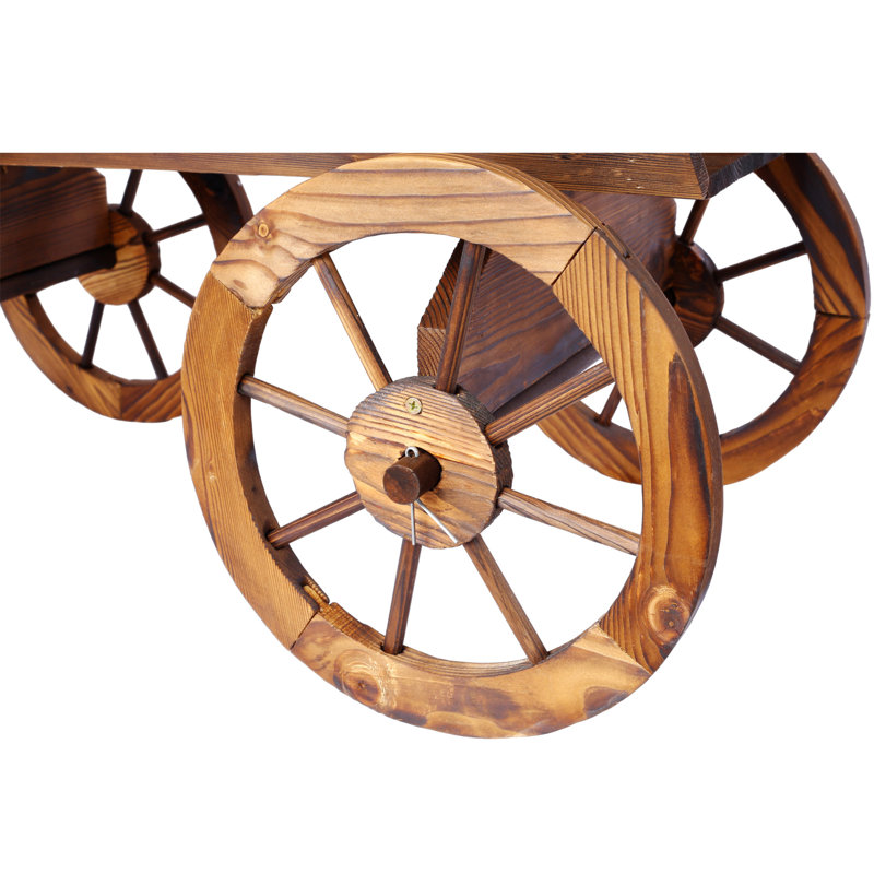Mobile Wooden Wagon Planter Box with Wheels, Handle, and Drain Hole, Indoor & Outdoor Garden Decor